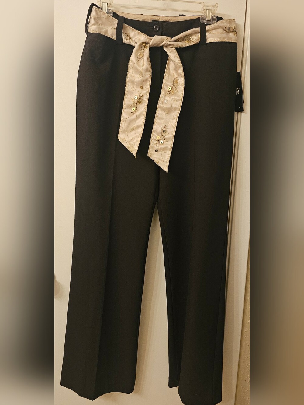 Brown Wide-Leg Women's Trousers with Ivory Embellished Sash